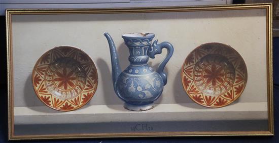 § Frederick Clifford Harrison (1901-1984) Isnik ewer and two Spanish plates 16.5 x 34.5in.